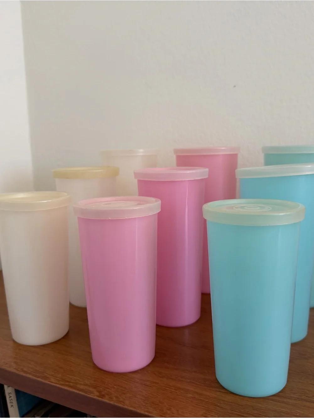 Set of Vintage Pastel Tupperware Pop-Top Containers - Pink, Blue, Cream